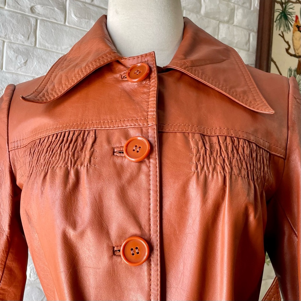 Vintage 1970s Split End Rust Orange 100% Leather Long Belted Trench Coat - Picture 5 of 17